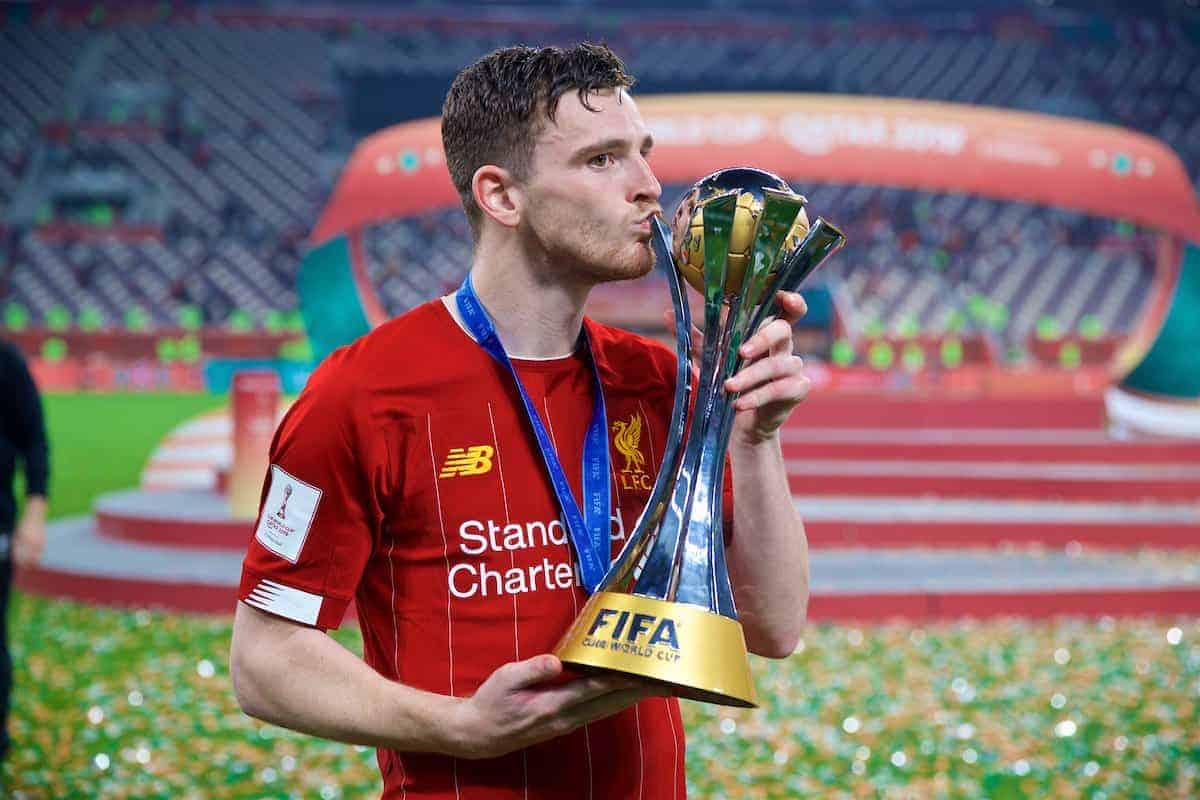 DOHA, QATAR - Saturday, December 21, 2019: Liverpool's Andy Robertson kisss the trophy after the FIFA Club World Cup Qatar 2019 Final match between CR Flamengo and Liverpool FC at the Khalifa Stadium. Liverpool won 1-0 after extra time. (Pic by David Rawcliffe/Propaganda)