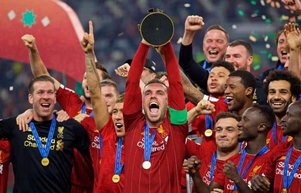 DOHA, QATAR - Saturday, December 21, 2019: Liverpool's captain Jordan Henderson lifts trophy after the FIFA Club World Cup Qatar 2019 Final match between CR Flamengo and Liverpool FC at the Khalifa Stadium. Liverpool won 1-0. (Pic by David Rawcliffe/Propaganda)