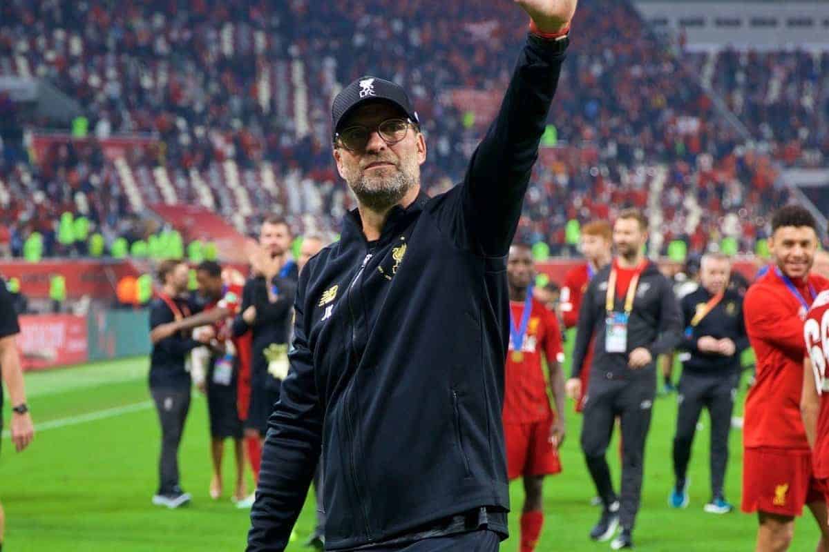 DOHA, QATAR - Saturday, December 21, 2019: Liverpool's manager Jürgen Klopp celebrates after the FIFA Club World Cup Qatar 2019 Final match between CR Flamengo and Liverpool FC at the Khalifa Stadium. Liverpool won 1-0 after extra-time. (Pic by Peter Powell/Propaganda)