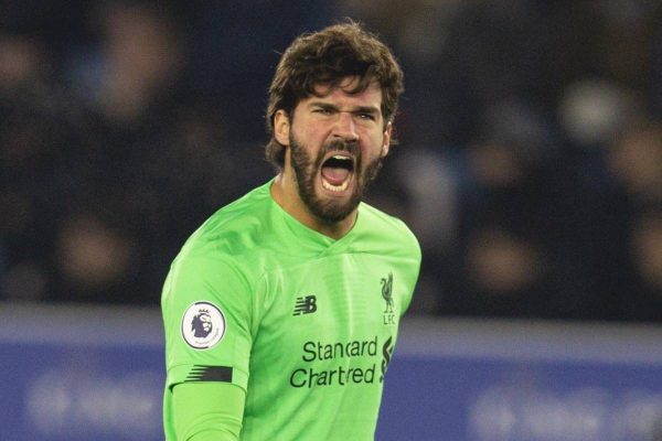 LEICESTER, ENGLAND - Thursday, December 26, 2019: Liverpool's goalkeeper Alisson Becker celebrates his side's first goal during the FA Premier League match between Leicester City FC and Liverpool FC at the King Power Stadium. (Pic by David Rawcliffe/Propaganda)