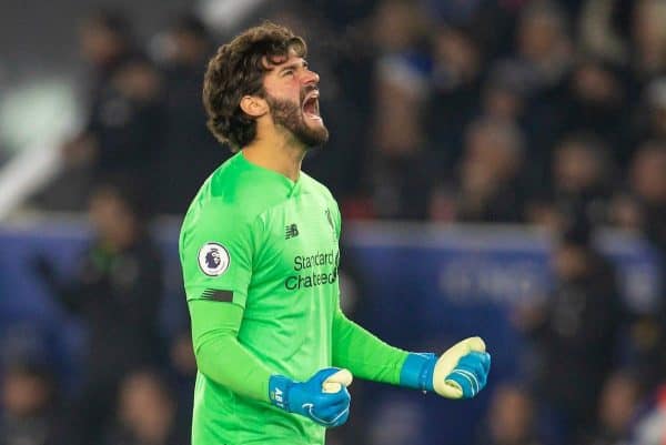 LEICESTER, ENGLAND - Thursday, December 26, 2019: Liverpool's goalkeeper Alisson Becker celebrates his side's first goal during the FA Premier League match between Leicester City FC and Liverpool FC at the King Power Stadium. (Pic by David Rawcliffe/Propaganda)