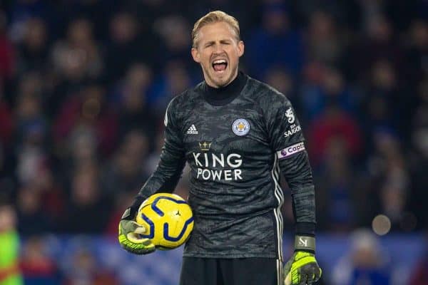 LEICESTER, ENGLAND - Thursday, December 26, 2019: Leicester City's goalkeeper Kasper Schmeichel complains to the assistant referee during the FA Premier League match between Leicester City FC and Liverpool FC at the King Power Stadium. (Pic by David Rawcliffe/Propaganda)