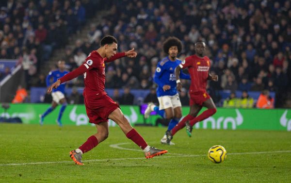 LEICESTER, ENGLAND - Thursday, December 26, 2019: Liverpool's Trent Alexander-Arnold scores the fourth goal during the FA Premier League match between Leicester City FC and Liverpool FC at the King Power Stadium. (Pic by David Rawcliffe/Propaganda)