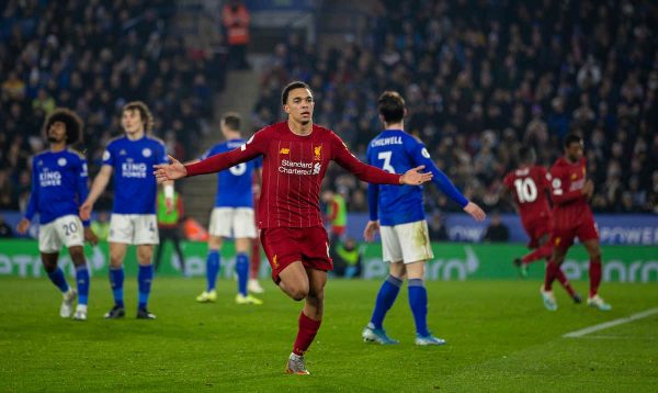 LEICESTER, ENGLAND - Thursday, December 26, 2019: Liverpool's Trent Alexander-Arnold scores the fourth goal during the FA Premier League match between Leicester City FC and Liverpool FC at the King Power Stadium. (Pic by David Rawcliffe/Propaganda)