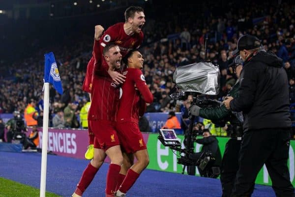 LEICESTER, ENGLAND - Thursday, December 26, 2019: Liverpool's Trent Alexander-Arnold scores the fourth goal during the FA Premier League match between Leicester City FC and Liverpool FC at the King Power Stadium. (Pic by David Rawcliffe/Propaganda)