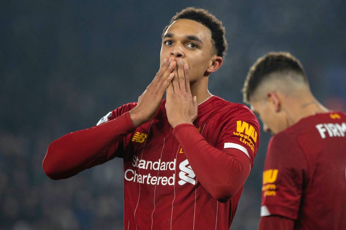 LEICESTER, ENGLAND - Thursday, December 26, 2019: Liverpool's Trent Alexander-Arnold celebrates scoring the fourth goal during the FA Premier League match between Leicester City FC and Liverpool FC at the King Power Stadium. (Pic by David Rawcliffe/Propaganda)