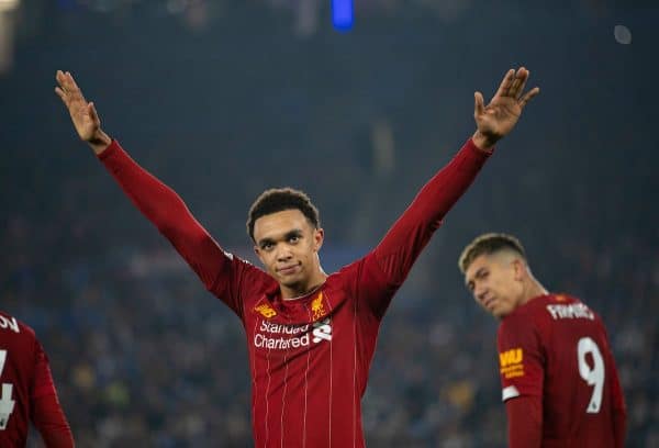 LEICESTER, ENGLAND - Thursday, December 26, 2019: Liverpool's Trent Alexander-Arnold celebrates scoring the fourth goal during the FA Premier League match between Leicester City FC and Liverpool FC at the King Power Stadium. (Pic by David Rawcliffe/Propaganda)