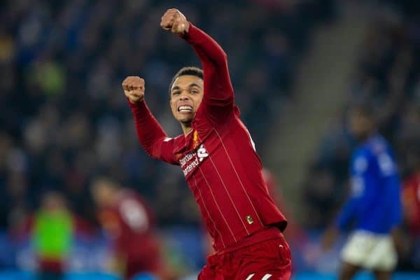 LEICESTER, ENGLAND - Thursday, December 26, 2019: Liverpool's Trent Alexander-Arnold celebrates his side's third goal during the FA Premier League match between Leicester City FC and Liverpool FC at the King Power Stadium. (Pic by David Rawcliffe/Propaganda)