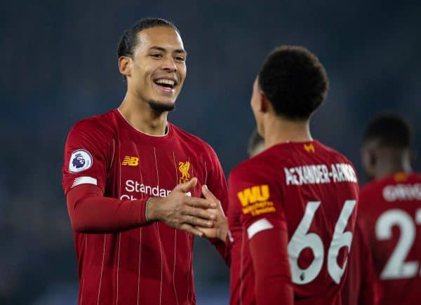 LEICESTER, ENGLAND - Thursday, December 26, 2019: Liverpool's 4amVirgil van Dijk celebrates with goal-scorer Trent Alexander-Arnold during the FA Premier League match between Leicester City FC and Liverpool FC at the King Power Stadium. (Pic by David Rawcliffe/Propaganda)