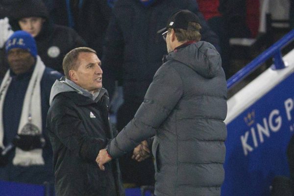 LEICESTER, ENGLAND - Thursday, December 26, 2019: Liverpool's manager Jürgen Klopp (R) shakes hands with Leicester City's manager Brendan Rodgers after the FA Premier League match between Leicester City FC and Liverpool FC at the King Power Stadium. Liverpool won 4-0. (Pic by David Rawcliffe/Propaganda)