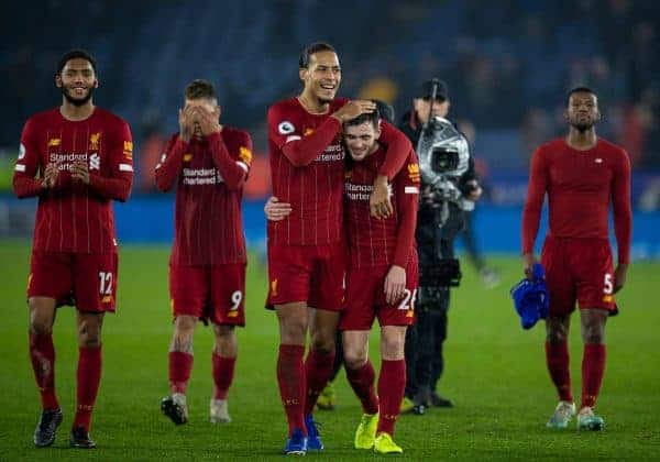 LEICESTER, ENGLAND - Thursday, December 26, 2019: Liverpool's Virgil van Dijk (L) and Andy Robertson celebrate after the FA Premier League match between Leicester City FC and Liverpool FC at the King Power Stadium. Liverpool won 4-0. (Pic by David Rawcliffe/Propaganda)