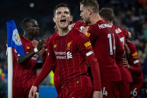 LEICESTER, ENGLAND - Thursday, December 26, 2019: Liverpool's Andy Robertson celebrates after his side's fourth goal during the FA Premier League match between Leicester City FC and Liverpool FC at the King Power Stadium. Liverpool won 4-0. (Pic by David Rawcliffe/Propaganda)