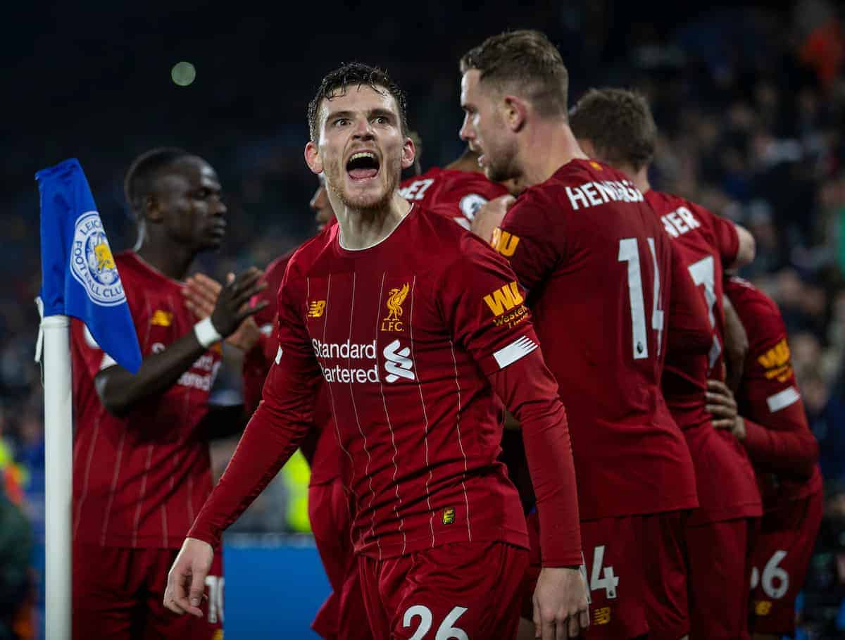 LEICESTER, ENGLAND - Thursday, December 26, 2019: Liverpool's Andy Robertson celebrates after his side's fourth goal during the FA Premier League match between Leicester City FC and Liverpool FC at the King Power Stadium. Liverpool won 4-0. (Pic by David Rawcliffe/Propaganda)