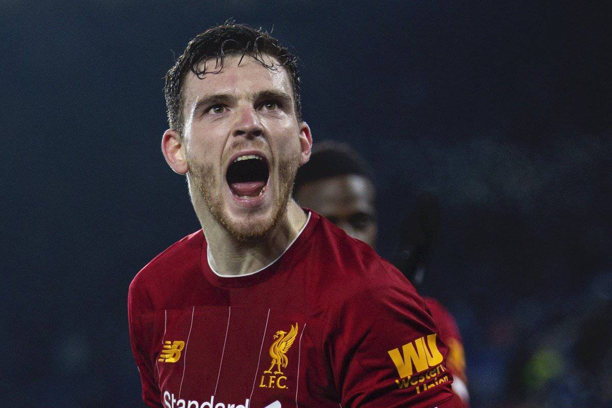 LEICESTER, ENGLAND - Thursday, December 26, 2019: Liverpool's Andy Robertson celebrates after his side's fourth goal during the FA Premier League match between Leicester City FC and Liverpool FC at the King Power Stadium. Liverpool won 4-0. (Pic by David Rawcliffe/Propaganda)