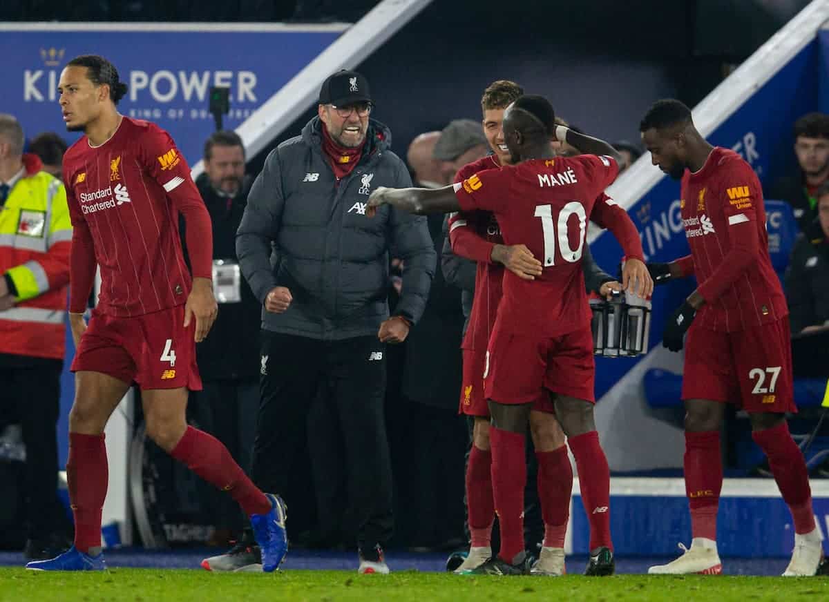 LEICESTER, ENGLAND - Thursday, December 26, 2019: Liverpool's manager Jürgen Klopp celebrates his side's third goal, scored by Roberto Firmino, during the FA Premier League match between Leicester City FC and Liverpool FC at the King Power Stadium. Liverpool won 4-0. (Pic by David Rawcliffe/Propaganda)