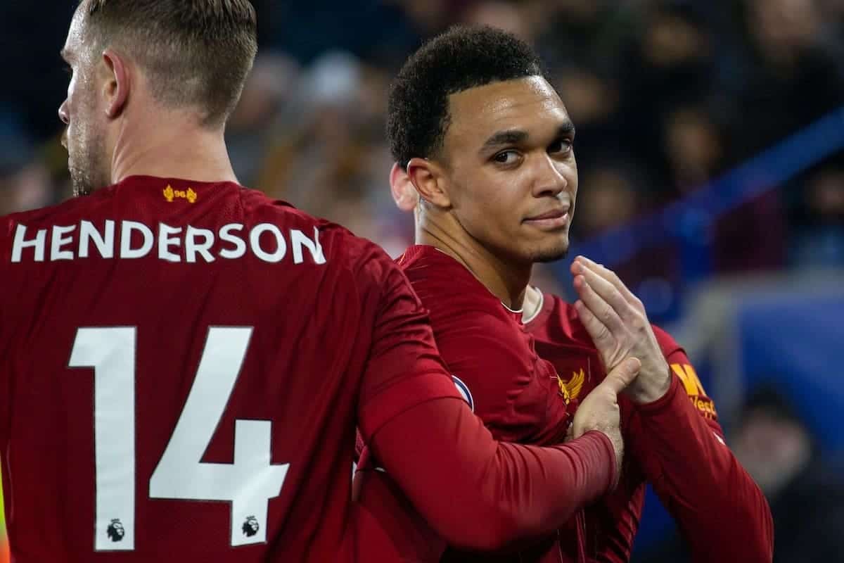 LEICESTER, ENGLAND - Thursday, December 26, 2019: Liverpool's Trent Alexander-Arnold celebrates scoring the fourth goal during the FA Premier League match between Leicester City FC and Liverpool FC at the King Power Stadium. Liverpool won 4-0. (Pic by David Rawcliffe/Propaganda)