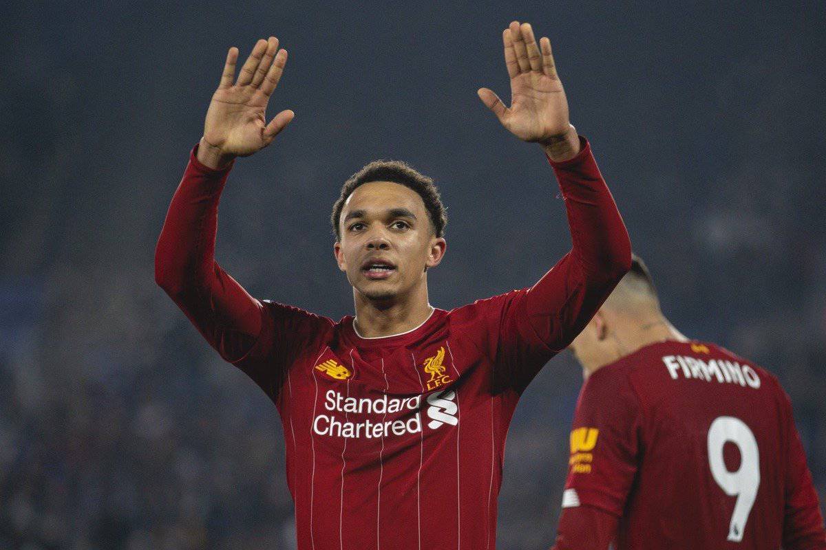 LEICESTER, ENGLAND - Thursday, December 26, 2019: Liverpool's Trent Alexander-Arnold celebrates scoring the fourth goal during the FA Premier League match between Leicester City FC and Liverpool FC at the King Power Stadium. Liverpool won 4-0. (Pic by David Rawcliffe/Propaganda)