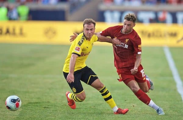 SOUTH BEND, INDIANA, USA - Friday, July 19, 2019: Liverpool's Alex Oxlade-Chamberlain (R) and Borussia Dortmund's Mario Götze during a friendly match between Liverpool FC and Borussia Dortmund at the Notre Dame Stadium on day four of the club's pre-season tour of America. (Pic by David Rawcliffe/Propaganda)