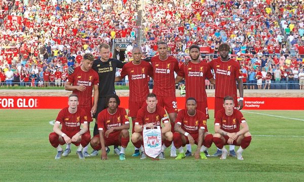 SOUTH BEND, INDIANA, USA - Friday, July 19, 2019: Liverpool players line-up for a team group photograph before a friendly match between Liverpool FC and Borussia Dortmund at the Notre Dame Stadium on day four of the club's pre-season tour of America. (Pic by David Rawcliffe/Propaganda)