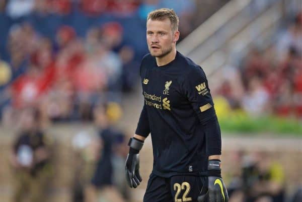 SOUTH BEND, INDIANA, USA - Friday, July 19, 2019: Liverpool's goalkeeper Simon Mignolet during a friendly match between Liverpool FC and Borussia Dortmund at the Notre Dame Stadium on day four of the club's pre-season tour of America. (Pic by David Rawcliffe/Propaganda)