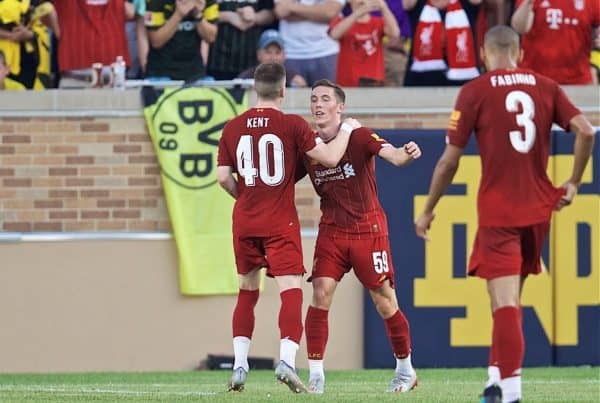 SOUTH BEND, INDIANA, USA - Friday, July 19, 2019: Liverpool's Harry Wilson celebrates scoring the first goal during a friendly match between Liverpool FC and Borussia Dortmund at the Notre Dame Stadium on day four of the club's pre-season tour of America. (Pic by David Rawcliffe/Propaganda)SOUTH BEND, INDIANA, USA - Friday, July 19, 2019: Liverpool's Harry Wilson celebrates scoring the first goal during a friendly match between Liverpool FC and Borussia Dortmund at the Notre Dame Stadium on day four of the club's pre-season tour of America. (Pic by David Rawcliffe/Propaganda)