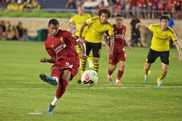 SOUTH BEND, INDIANA, USA - Friday, July 19, 2019: Liverpool's Rhian Brewster scores the second goal from a penalty kick during a friendly match between Liverpool FC and Borussia Dortmund at the Notre Dame Stadium on day four of the club's pre-season tour of America. (Pic by David Rawcliffe/Propaganda)