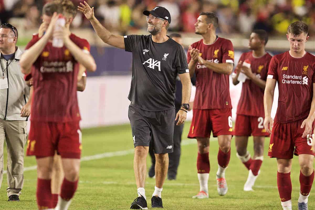 SOUTH BEND, INDIANA, USA - Friday, July 19, 2019: Liverpool's manager Jürgen Klopp waves to supporter after a friendly match between Liverpool FC and Borussia Dortmund at the Notre Dame Stadium on day four of the club's pre-season tour of America. Dortmund won 3-2. (Pic by David Rawcliffe/Propaganda)