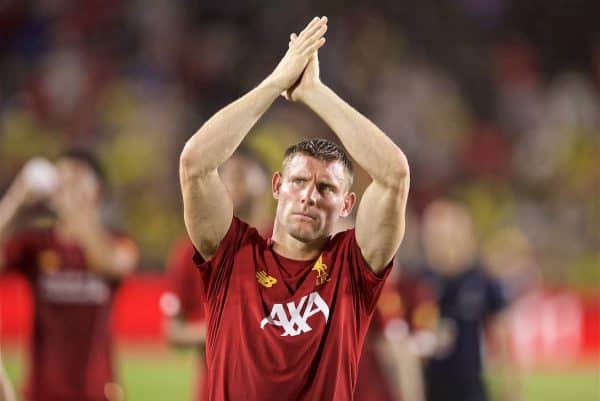 SOUTH BEND, INDIANA, USA - Friday, July 19, 2019: Liverpool's James Milner applauds supporters after a friendly match between Liverpool FC and Borussia Dortmund at the Notre Dame Stadium on day four of the club's pre-season tour of America. Dortmund won 3-2. (Pic by David Rawcliffe/Propaganda)