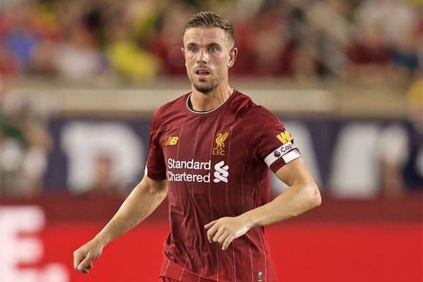 SOUTH BEND, INDIANA, USA - Friday, July 19, 2019: Liverpool's captain Jordan Henderson during a friendly match between Liverpool FC and Borussia Dortmund at the Notre Dame Stadium on day four of the club's pre-season tour of America. (Pic by David Rawcliffe/Propaganda)