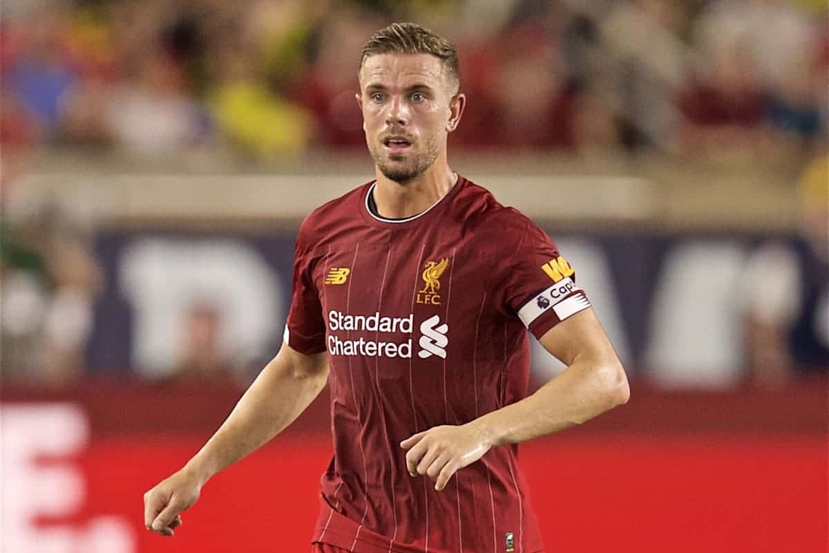 SOUTH BEND, INDIANA, USA - Friday, July 19, 2019: Liverpool's captain Jordan Henderson during a friendly match between Liverpool FC and Borussia Dortmund at the Notre Dame Stadium on day four of the club's pre-season tour of America. (Pic by David Rawcliffe/Propaganda)