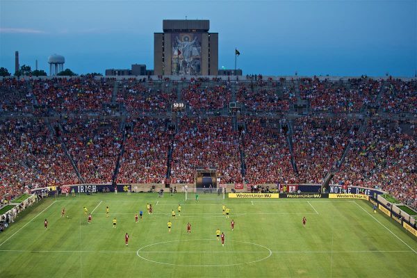 SOUTH BEND, INDIANA, USA - Friday, July 19, 2019: The mural Touch Down Jesus looms over the stands during a friendly match between Liverpool FC and Borussia Dortmund at the Notre Dame Stadium on day four of the club's pre-season tour of America. (Pic by David Rawcliffe/Propaganda)