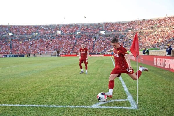 SOUTH BEND, INDIANA, USA - Friday, July 19, 2019: Liverpool's Harry Wilson take a corner-kick during a friendly match between Liverpool FC and Borussia Dortmund at the Notre Dame Stadium on day four of the club's pre-season tour of America. (Pic by David Rawcliffe/Propaganda)