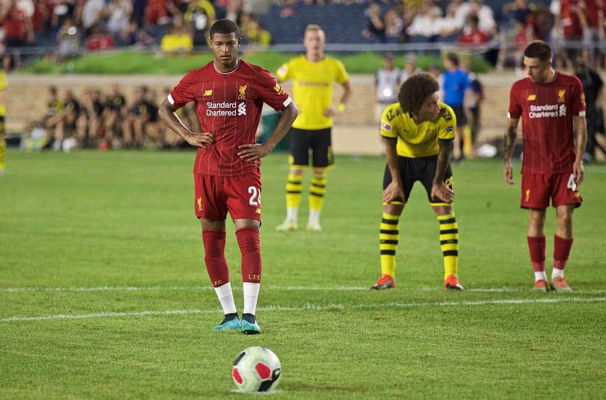 SOUTH BEND, INDIANA, USA - Friday, July 19, 2019: Liverpool's Rhian Brewster prepares to take a penalty during a friendly match between Liverpool FC and Borussia Dortmund at the Notre Dame Stadium on day four of the club's pre-season tour of America. (Pic by David Rawcliffe/Propaganda)