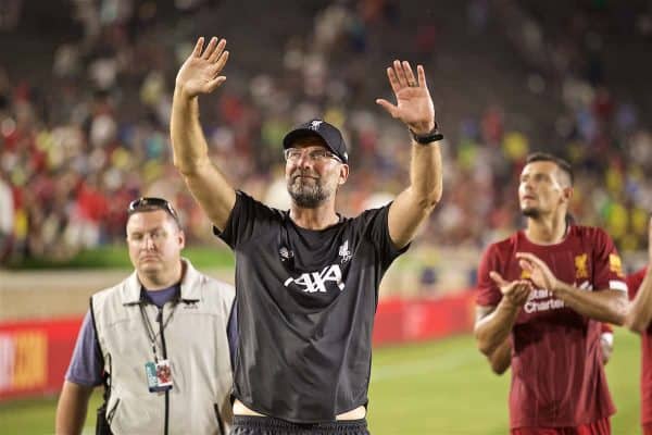 SOUTH BEND, INDIANA, USA - Friday, July 19, 2019: Liverpool's manager Jürgen Klopp waves to the supporters after a friendly match between Liverpool FC and Borussia Dortmund at the Notre Dame Stadium on day four of the club's pre-season tour of America. (Pic by David Rawcliffe/Propaganda)