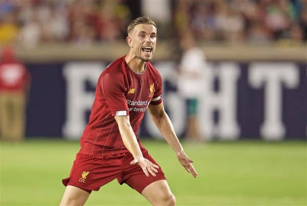 SOUTH BEND, INDIANA, USA - Friday, July 19, 2019: Liverpool's captain Jordan Henderson during a friendly match between Liverpool FC and Borussia Dortmund at the Notre Dame Stadium on day four of the club's pre-season tour of America. (Pic by David Rawcliffe/Propaganda)