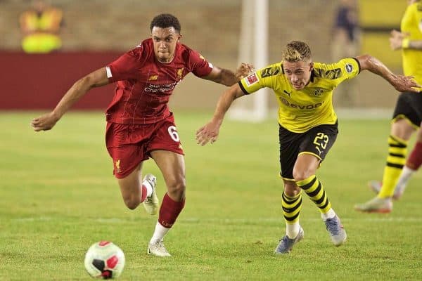 SOUTH BEND, INDIANA, USA - Friday, July 19, 2019: Liverpool's Trent Alexander-Arnold (L) and Borussia Dortmund's Thorgan Hazard during a friendly match between Liverpool FC and Borussia Dortmund at the Notre Dame Stadium on day four of the club's pre-season tour of America. (Pic by David Rawcliffe/Propaganda)