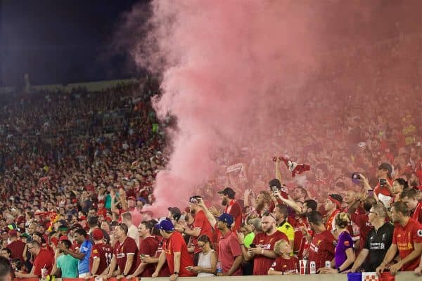 SOUTH BEND, INDIANA, USA - Friday, July 19, 2019: Liverpool supporters set off a red smoke bomb during a friendly match between Liverpool FC and Borussia Dortmund at the Notre Dame Stadium on day four of the club's pre-season tour of America. (Pic by David Rawcliffe/Propaganda)
