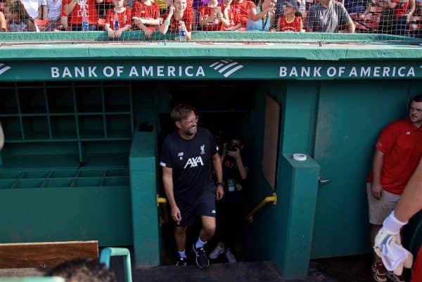 BOSTON, MASSACHUSETTS, USA - Saturday, July 20, 2019: Liverpool's manager Jürgen Klopp walks out for an open training session at Fenway Park ahead of a friendly against Seville on day five of the club's pre-season tour of America. (Pic by David Rawcliffe/Propaganda)