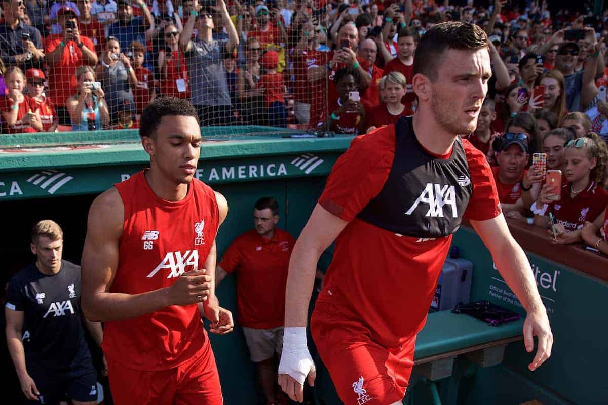 BOSTON, MASSACHUSETTS, USA - Saturday, July 20, 2019: Liverpool's Trent Alexander-Arnold and Andy Robertson walk out for an open training session at Fenway Park ahead of a friendly against Seville on day five of the club's pre-season tour of America. (Pic by David Rawcliffe/Propaganda)