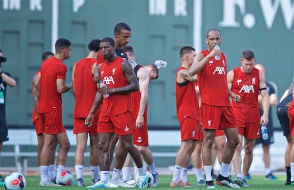 BOSTON, MASSACHUSETTS, USA - Saturday, July 20, 2019: Liverpool's Georginio Wijnaldum and Fabio Henrique Tavares 'Fabinho' drink water during an open training session at Fenway Park ahead of a friendly against Seville on day five of the club's pre-season tour of America. (Pic by David Rawcliffe/Propaganda)