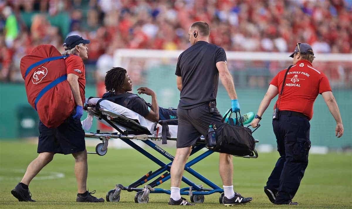 BOSTON, MASSACHUSETTS, USA - Sunday, July 21, 2019: Liverpool's Yasser Larouci is taken off on a stretcher during a friendly between Liverpool FC and Sevilla FC at Fenway Park on day six of the club's pre-season tour of America. (Pic by David Rawcliffe/Propaganda)