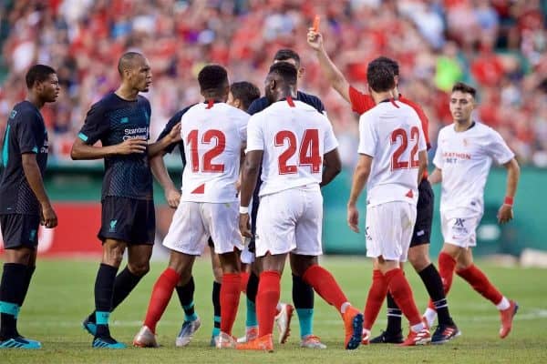 BOSTON, MASSACHUSETTS, USA - Sunday, July 21, 2019: Sevilla FC's Joris Gnagnon (#24) is shown a red card and sent off during a friendly between Liverpool FC and Sevilla FC at Fenway Park on day six of the club's pre-season tour of America. (Pic by David Rawcliffe/Propaganda)