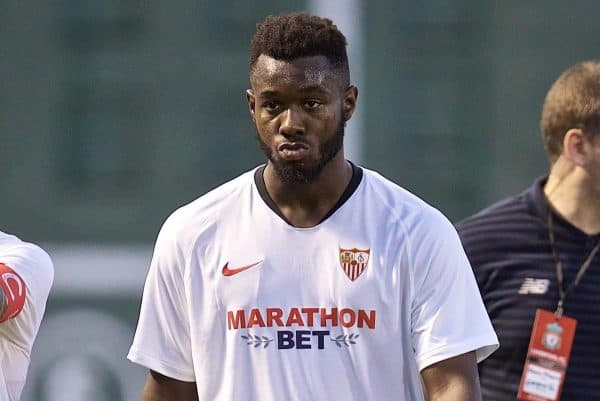 BOSTON, MASSACHUSETTS, USA - Sunday, July 21, 2019: Sevilla FC's Joris Gnagnon walks off the field after his kick injured Liverpool's Yasser Larouci during a friendly between Liverpool FC and Sevilla FC at Fenway Park on day six of the club's pre-season tour of America. (Pic by David Rawcliffe/Propaganda)