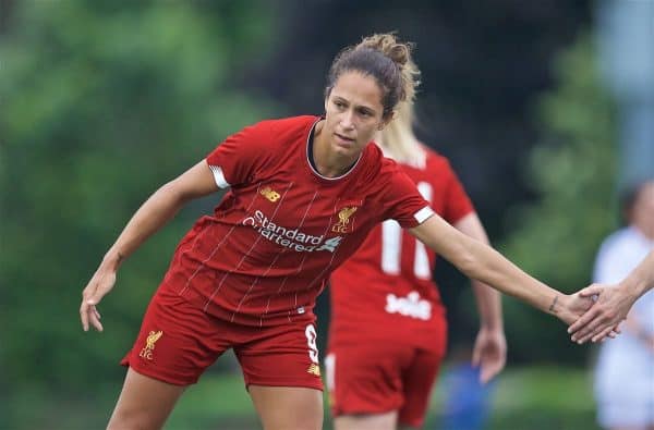 BOSTON, MASSACHUSETTS, USA - Monday, July 22, 2019: Liverpool's Courtney Sweetman-Kirk celebrates scoring the first goal during a friendly match between Liverpool FC Women and Metropolitan Conference All Stars at Jordan Field at the Harvard Stadium on day seven of the club's pre-season tour of America. (Pic by David Rawcliffe/Propaganda)