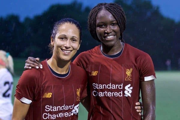 BOSTON, MASSACHUSETTS, USA - Monday, July 22, 2019: Liverpool's goal-scorers Courtney Sweetman-Kirk (L) who scored four and Rinsola Babajide who got two, pose for a photograph after a friendly match between Liverpool FC Women and Metropolitan Conference All Stars at Jordan Field at the Harvard Stadium on day seven of the club's pre-season tour of America. (Pic by David Rawcliffe/Propaganda)