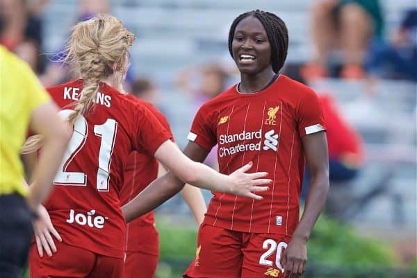 BOSTON, MASSACHUSETTS, USA - Monday, July 22, 2019: Liverpool's Rinsola Babajide (R) celebrates scoring the third goal during a friendly match between Liverpool FC Women and Metropolitan Conference All Stars at Jordan Field at the Harvard Stadium on day seven of the club's pre-season tour of America. (Pic by David Rawcliffe/Propaganda)