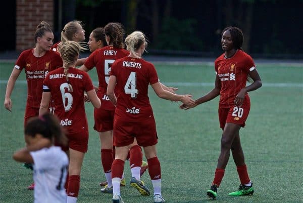 BOSTON, MASSACHUSETTS, USA - Monday, July 22, 2019: Liverpool's Rinsola Babajide (R) celebrates scoring the fifth goal during a friendly match between Liverpool FC Women and Metropolitan Conference All Stars at Jordan Field at the Harvard Stadium on day seven of the club's pre-season tour of America. (Pic by David Rawcliffe/Propaganda)