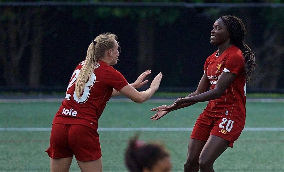 BOSTON, MASSACHUSETTS, USA - Monday, July 22, 2019: Liverpool's Rinsola Babajide (R) celebrates scoring the fifth goal during a friendly match between Liverpool FC Women and Metropolitan Conference All Stars at Jordan Field at the Harvard Stadium on day seven of the club's pre-season tour of America. (Pic by David Rawcliffe/Propaganda)