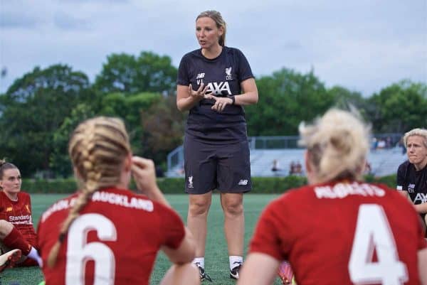 BOSTON, MASSACHUSETTS, USA - Monday, July 22, 2019: Liverpool's manager Vicky Jepson speaks to her players at half-time during a friendly match between Liverpool FC Women and Metropolitan Conference All Stars at Jordan Field at the Harvard Stadium on day seven of the club's pre-season tour of America. Liverpool won 6-0. (Pic by David Rawcliffe/Propaganda)