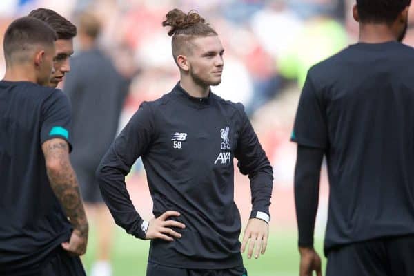 EDINBURGH, SCOTLAND - Sunday, July 28, 2019: Liverpool's Harvey Elliott during the pre-match warm-up before a pre-season friendly match between Liverpool FC and SSC Napoli at Murrayfield Stadium. (Pic by David Rawcliffe/Propaganda)